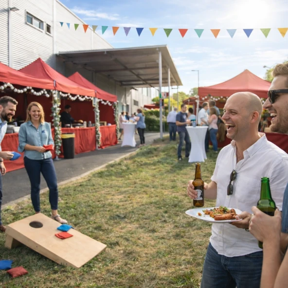 Marktstände mit roten Pavillons, menschen spiele Cornehole und haben Speisen und Getränke in der Hand