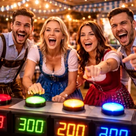 Mitarbeitende konzentrieren sich beim Oktoberfest-Teamquiz auf knifflige Fragen und nutzen Buzzer im Wettkampfmodus beim interaktiven Firmenevent. Das B2B-Event kombiniert Unterhaltung, Wissensspiel und Teambuilding in einer authentischen Wiesn-Atmosphäre.