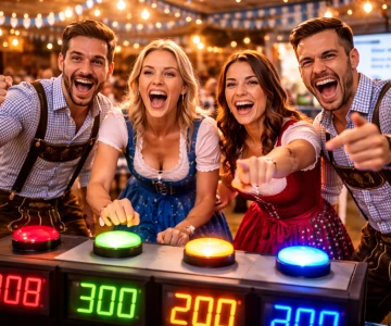 Mitarbeitende konzentrieren sich beim Oktoberfest-Teamquiz auf knifflige Fragen und nutzen Buzzer im Wettkampfmodus beim interaktiven Firmenevent. Das B2B-Event kombiniert Unterhaltung, Wissensspiel und Teambuilding in einer authentischen Wiesn-Atmosphäre.