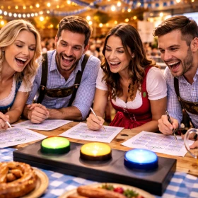 Vier Mitarbeitende sitzen im festlich dekorierten Oktoberfestzelt an einem Tisch und lösen gemeinsam spannende Fragen beim interaktiven Oktoberfest-Teamquiz als Firmenevent. Dieses B2B-Teamevent verbindet bayerische Atmosphäre mit Teamgeist, Motivation und unterhaltsamem Wissenswettbewerb.