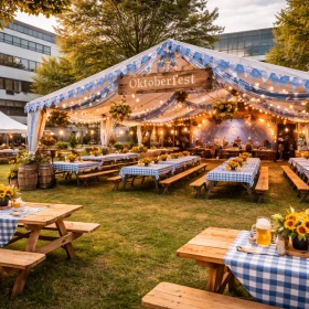 Ein festlich dekoriertes Oktoberfestzelt auf dem Firmengelände bildet die perfekte Location für ein stimmungsvolles Firmenevent oder B2B-Teamquiz. Die rustikale Atmosphäre schafft den idealen Rahmen für Teambuilding, Firmenfeier und Mitarbeiterveranstaltung.