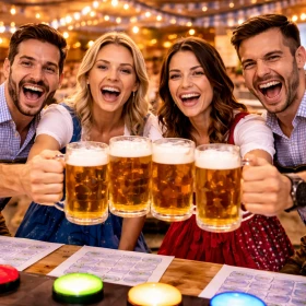 Ein motiviertes Team stößt beim Oktoberfest-Teamquiz mit Bierkrügen an und feiert gemeinsam den Erfolg beim Firmenevent. Dieses B2B-Teamevent stärkt Mitarbeiterbindung, Zusammenhalt und positive Unternehmenskultur in lockerer Atmosphäre.