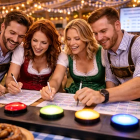 Teilnehmende erleben beim Oktoberfest-Teamquiz eine lebendige Quizatmosphäre mit Wettbewerb, Teamarbeit und bayerischer Dekoration. Dieses bundesweit buchbare Firmenevent bietet Unternehmen ein modernes B2B-Teambuilding mit nachhaltigem Erlebnischarakter.