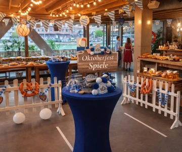 Die Aufnahme präsentiert eine stilvoll dekorierte Indoor-Location im Oktoberfest-Stil mit Buffet, Spielstationen und bayerischer Atmosphäre als hochwertiges Firmenevent im B2B-Bereich. Das Setting unterstreicht die Kombination aus Teambuilding, Oktoberfest-Spielen und kulinarischem Rahmenprogramm und eignet sich ideal für Mitarbeiterveranstaltungen, Incentives oder Firmenfeiern bundesweit.