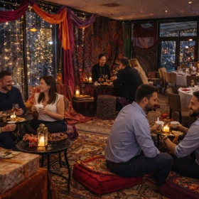Die dekorative Sitzecke mit Teppichen, Laternen und Kissen lädt Gäste der Firmenfeier zum entspannten Austausch in orientalischer Atmosphäre ein. Dieses exklusive Loungekonzept verbindet modernes Eventdesign mit traditionellem Orient-Flair.
