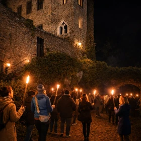 Personen unternehmen eine Fackelwanderung an der Burg