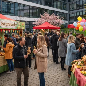Personen stehen auf einen Firmen Ostermarkt und unterhalten sich