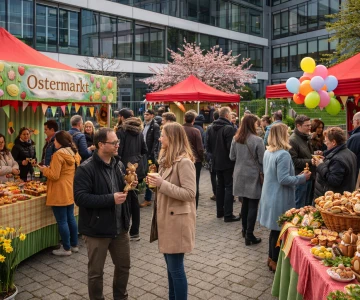 Personen stehen auf einen Firmen Ostermarkt und unterhalten sich
