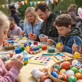 Personen und Kinder bemalen Ostereier