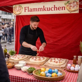 Person belegt Flammkuchen mit Zutaten auf einem Firmen-Ostermarkt