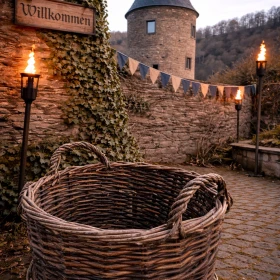 Körbe stehen als Dekoration vor einer Burg; im Hintergrund Fahnen und Fackeln
