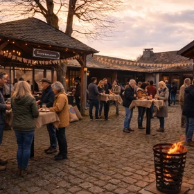Personen stehen an Stehtischen auf einem dekorierten Firmen-Mittelaltermarkt