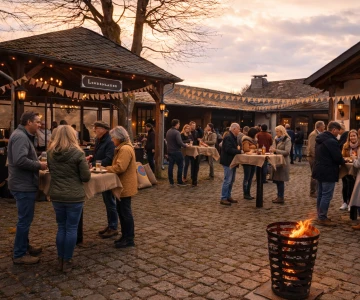 Personen stehen an Stehtischen auf einem dekorierten Firmen-Mittelaltermarkt