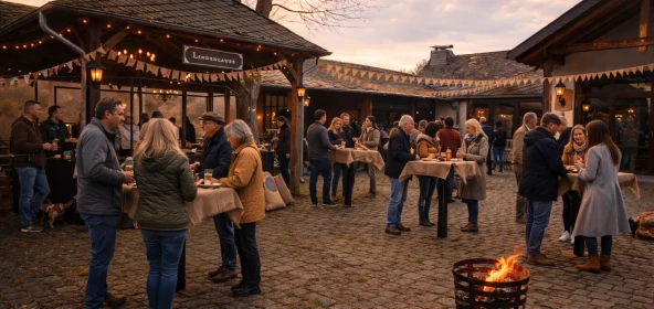 Personen stehen an Stehtischen auf einem dekorierten Firmen-Mittelaltermarkt