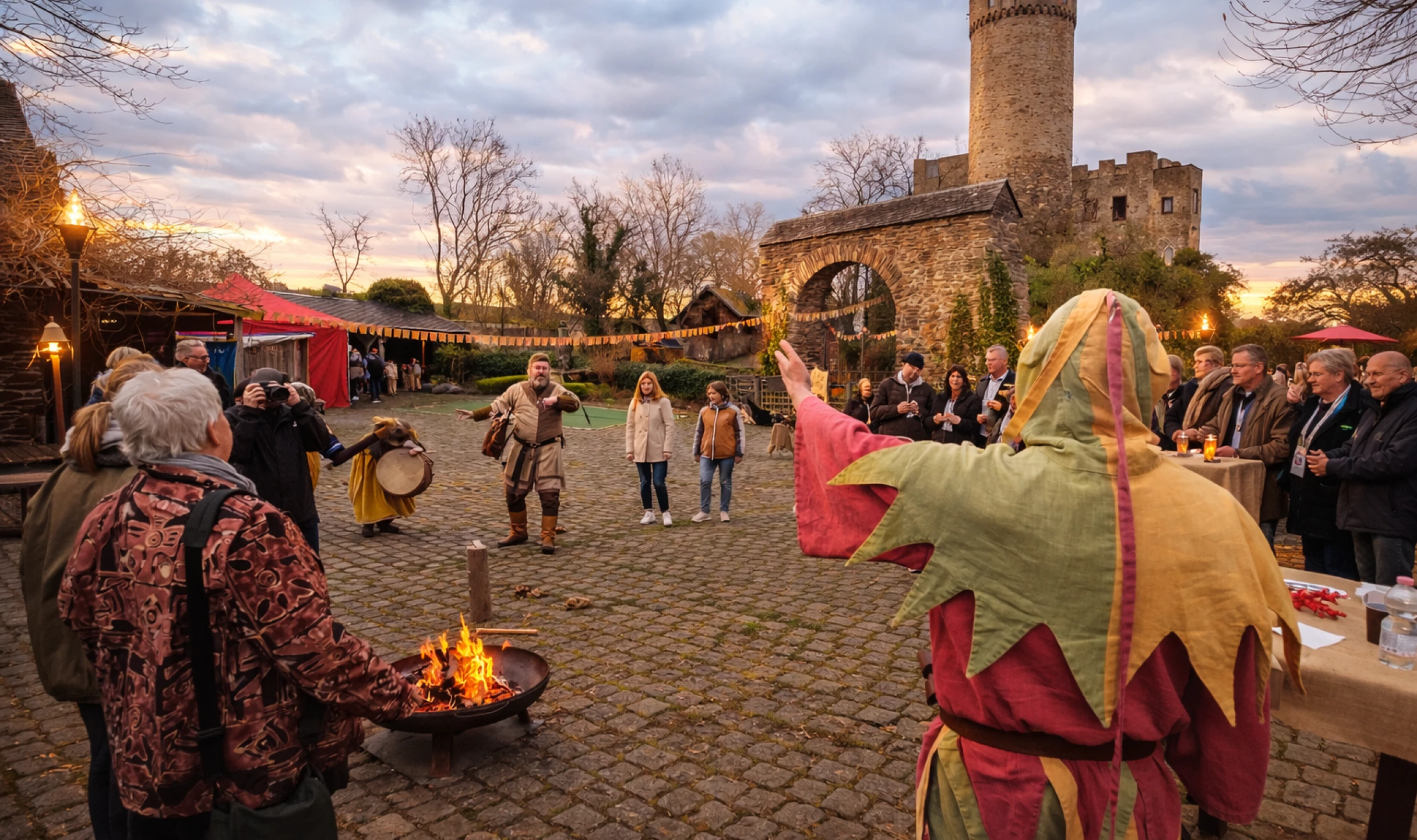 Burghof mit Gaukler und Minne-Sängern