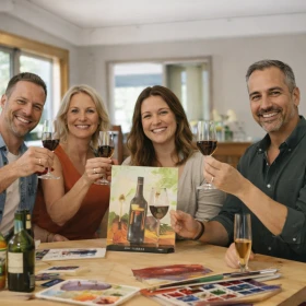 Personen zeigen ihr gemaltes Bild und halten ein Wein in der Hand