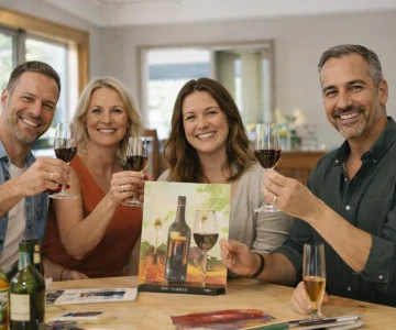 Personen zeigen ihr gemaltes Bild und halten ein Wein in der Hand
