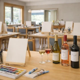 vorbereiteter Raum für ein Kunst & Wein Erlebnis mit Leinwänden und Wein