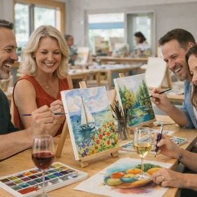 Personen bemalen gemeinsam mehrere Leinwände