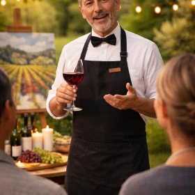 Sommelier erklärt den Teilnehmern Informationen zum Wein