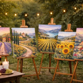 alle gemalten Kunstwerke zusammen auf einer Wiese