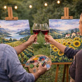 Personen stoßen mit zwei Gläsern Wein vor ihren Leinwänden an