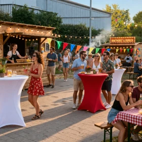 Personen stehen an Stehtischen und unterhalten sich