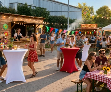 Personen stehen an Stehtischen und unterhalten sich