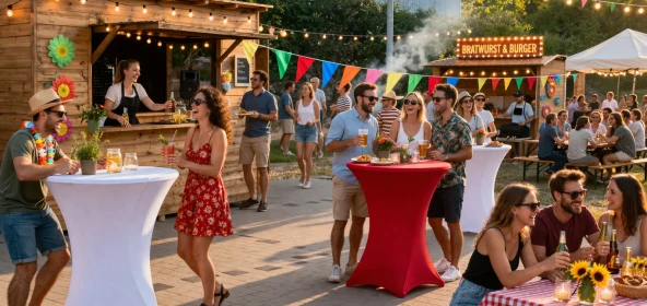Personen stehen an Stehtischen und unterhalten sich