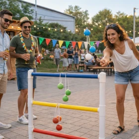 Frau spielt Leitergolf auf einem Firmen-Sommermarkt