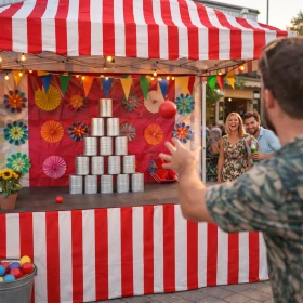 Person wirft einen Ball auf die aufgestellten Dosen beim Dosenwerfen