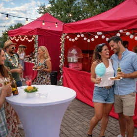 Personen stehen vor einem dekorierteten Pavillion