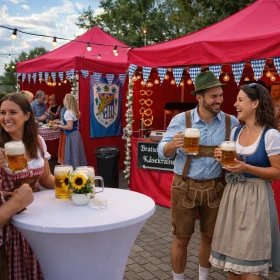 Personen stehen an einem Stehtisch und unterhalten sich