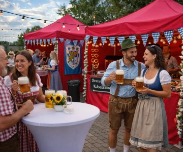 Personen stehen an einem Stehtisch und unterhalten sich