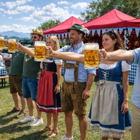 Personen spielen Maßkrugstemmen und halten jeweils einen Krug in der Hand