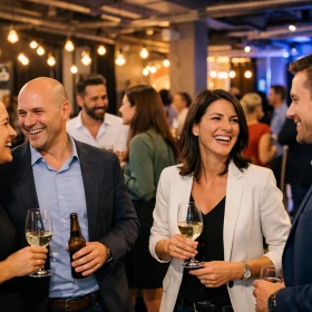 4 Personen unterhalten sich auf einer Firmenfeier in einer modernen Location