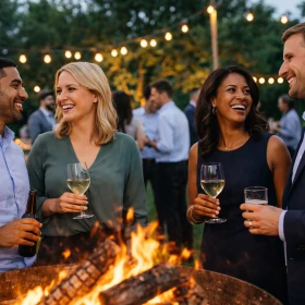 4 Personen stehen draußen an eine, Lagerfeuer und unterhalten sich