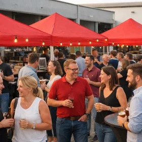 mehrere Personen stehen auf einen Firmenfest und unterhalten sich