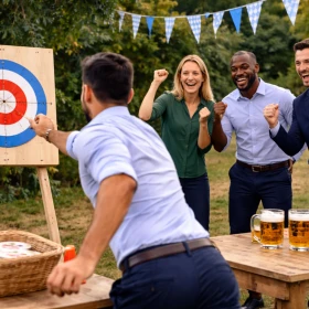 Ein Teammitglied wirft konzentriert einen Bierdeckel auf das Ziel, während Kolleginnen und Kollegen gespannt mitfiebern. Die ausgelassene Stimmung und die bayerische Dekoration unterstreichen den Wettbewerbscharakter der Oktoberfest-Teamspiele.