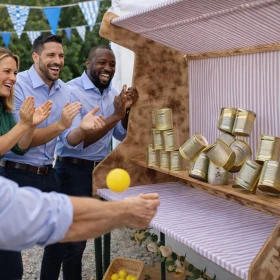 DosenwerfenEin Mitarbeiter trifft mit einem gezielten Wurf die aufgestapelten Dosen, die unter lautem Jubel umfallen. Die fröhliche Atmosphäre und das blau-weiße Ambiente sorgen für echtes Wiesn-Feeling beim Teamevent.