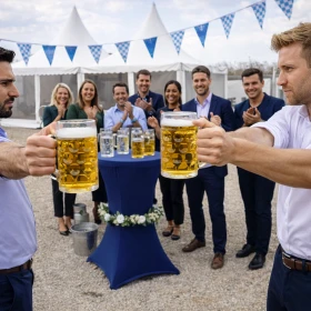 Zwei Teilnehmer halten ihre gefüllten Bierkrüge mit ausgestrecktem Arm waagerecht und liefern sich ein spannendes Duell. Im Hintergrund feuern Kolleginnen und Kollegen die Kontrahenten begeistert an.