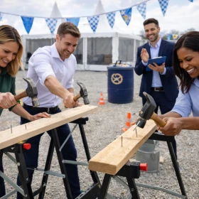 Drei Mitarbeitende schlagen mit voller Konzentration Nägel in einen Holzbalken und treten dabei gegeneinander an. Die Oktoberfest-Dekoration und das anfeuernde Team im Hintergrund sorgen für eine mitreißende Wettbewerbsatmosphäre.