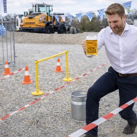 Ein Teilnehmer balanciert einen gefüllten Maßkrug durch einen Parcours und beweist dabei Konzentration und Geschick. Das Team beobachtet gespannt jede Bewegung und feuert ihn motivierend an.