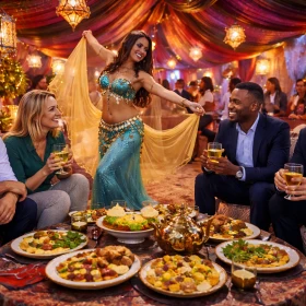 Vier Businessgäste genießen in einer orientalisch dekorierten Lounge entspannte Gespräche bei traditionellen Spezialitäten. Teppiche, Kissen, Laternen und warme Lichtakzente schaffen eine authentische Atmosphäre für ein außergewöhnliches Firmenevent.