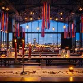 Eine stilvoll dekorierte Eventlocation im orientalischen Stil mit farbenfrohen Stoffbahnen, warmem Kerzenlicht und atmosphischer Beleuchtung. Die Kombination aus moderner Architektur und orientalischen Elementen schafft eine einzigartige Kulisse für eine exklusive Firmenfeier.