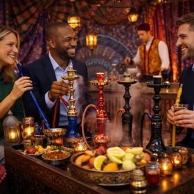 Drei stilvoll gekleidete Gäste stehen an einer mobilen Shishabar und erleben das orientalische Flair hautnah. Edle Wasserpfeifen, kunstvolle Laternen und dekorative Stoffe sorgen für eine luxuriöse und stimmungsvolle Eventkulisse.