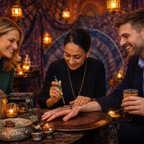 Eine professionelle Henna-Künstlerin gestaltet filigrane Muster, während Businessgäste das kulturelle Highlight interessiert verfolgen. Die detailreiche Dekoration mit Teppichen, Kerzen und Ornamenten unterstreicht das authentische Ambiente der orientalischen Firmenfeier.