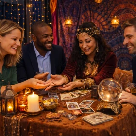 Eine orientalische Wahrsagerin begeistert Gäste bei einer interaktiven Kartenlegung und sorgt für magische Momente. Kerzenlicht, Kristallkugel und farbenprächtige Stoffe verstärken die mystische Stimmung des Mitarbeiter-Events.