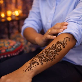 Nahaufnahme einer kunstvollen Henna-Malerei auf dem Arm einer Businessfrau – ein elegantes Detail des interaktiven Rahmenprogramms. Die feinen Muster symbolisieren Kreativität und machen die Veranstaltung zu einem besonderen Erlebnis.