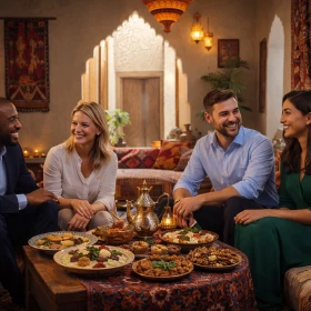 Businessgäste sitzen auf orientalischen Polstern rund um einen kunstvoll gedeckten Tisch und genießen Spezialitäten aus dem Orient. Die Kombination aus traditionellen Dekorelementen und moderner Businesskleidung schafft eine harmonische Eventatmosphäre.